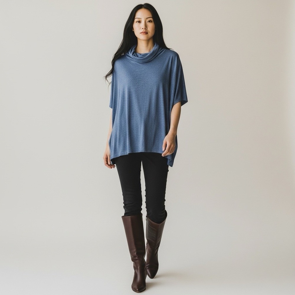NATORI Medium Relaxed‎ Fit Short Sleeve Lagenlook Tunic Turtle Neck  Blue Top